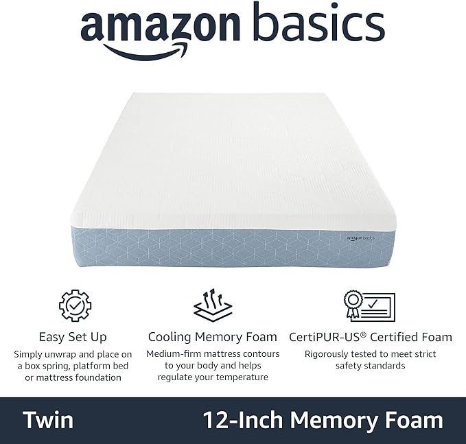 Amazon Basics Cooling Gel Memory Foam Mattress, Medium-Firm, CertiPUR-US Certified, Twin Size, 75 x 39 x 12 inches, White/Gray