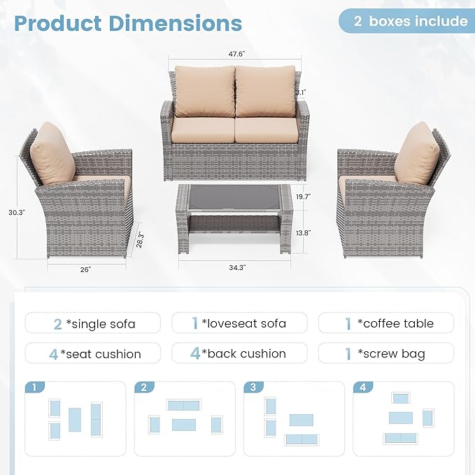 Amopatio 4 Piece Outdoor Wicker Patio Furniture Set, PE Rattan Sectional Sofa with Thick Cushions & Tempered Glass Table, Weather-Resistant Patio Conversation Sets for Balcony, Backyard, Beige