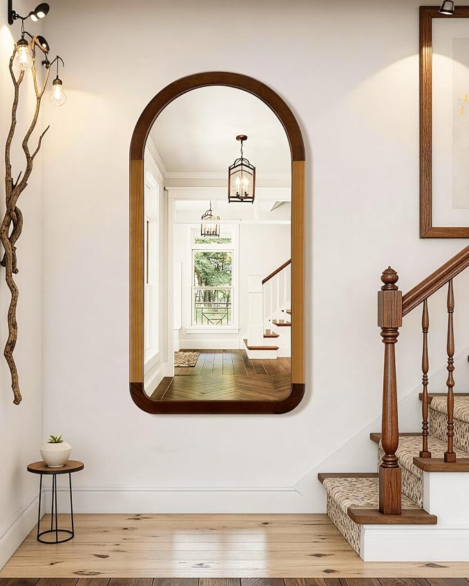 Arched Mirror 24 x 47 Inch,Brown Wood Rustic Bathroom Tempered Wall Mirror with Wood Frame,Round Corner Arch Farmhouse Wooden Vanity Mirror for Living Room,Entryway or Bedroom（Walnut Brown） - Image 2