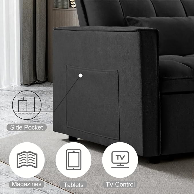 3 in 1 Pull Out Sofa Bed, 54" Sleeper Sofa Bed with 3-Level Adjustable Backrest, Velvet Fabric Loveseat Sleeper Couch for Living Room & Bedroom & Apartment & Dorm Furniture, Black