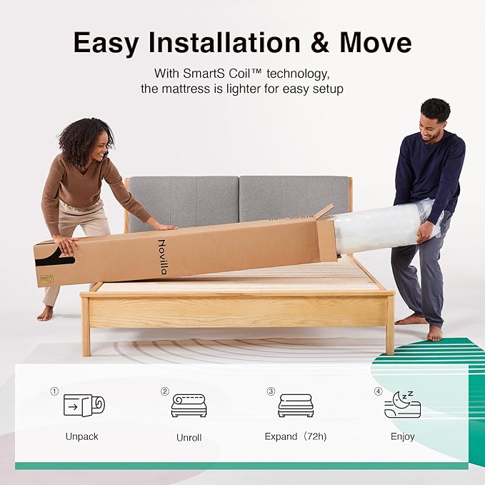 Novilla 14 Inch Queen Size Mattress, Hypoallergenic & Back Pain Relief, Hybrid Queen Mattresses in a Box with Smarts Coils, Fiberglass Free CertiPUR-US Certified Colchones No Box Spring Needed