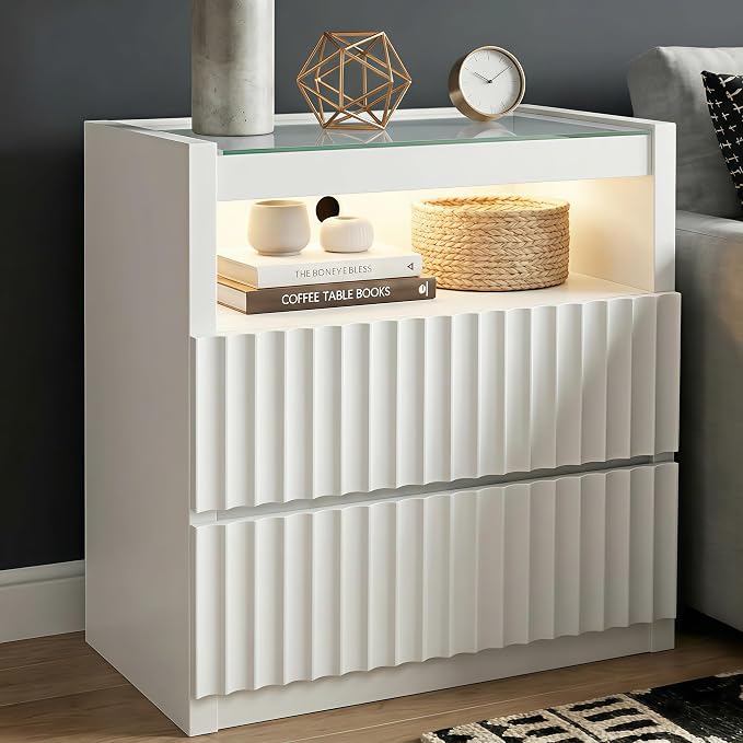 NightStand with Charging Station,with LED Lights and Tempered Glass Panel,Modern Bedside Tablewith 2 Fluted Drawers and Open Shelf,Hidden Handles End Table,Bedroom of Nightstand(White Oak) by SENLIN