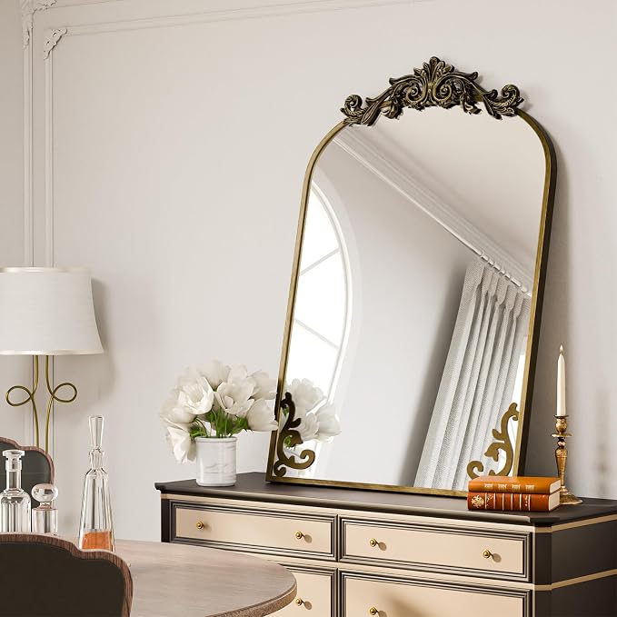 Koonmi Vintage Mirror, 22x30 Antique Barolon Mirror for Wall, Bronze Frame with Ornate Patterns, Flower Head, Shatter-Proof Tempered Glass Arched Decorative Mirrors for Bathroom - Image 7