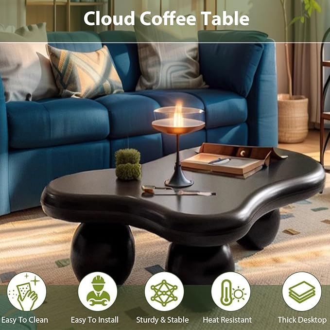 Modern Wooden Coffee Table Cloud Coffee Table Central Living Room Low Table Irregular Indoor End Table Black Coffee Tables with 3 Oval Ball Legs for Living Room Bedroom (Black Oval Leg B 47.2 inch)
