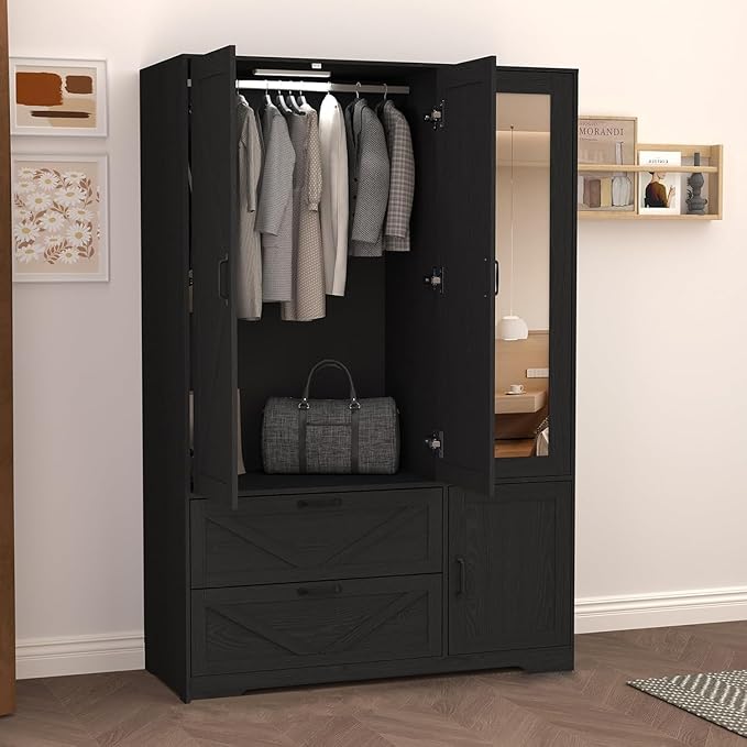 3 Doors Armoire Wardrobe Closet with Mirror Door and LED Lights,Bedroom Armoire with Drawers,Large Capacity Freestanding Armoire with Hanging Rod,Adjustable Shelves and Hooks(Black)