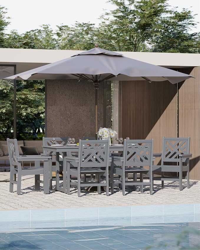 7-Piece Outdoor Dining Set, HDPE All-Weather Patio Table and Chairs Set for 6, Outdoor Patio Furniture Sets with Umbrella Hole for Outside, Deck, Backyard, Garden (Grey) - Image 7