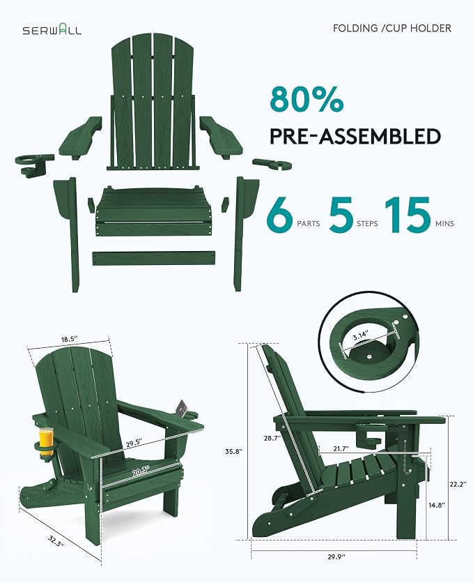 SERWALL Adirondack Chair with Cup Holders - Composite Adirondack Chairs Set of 6 HDPE Outdoor Chairs All Weather Use- Green - Image 4