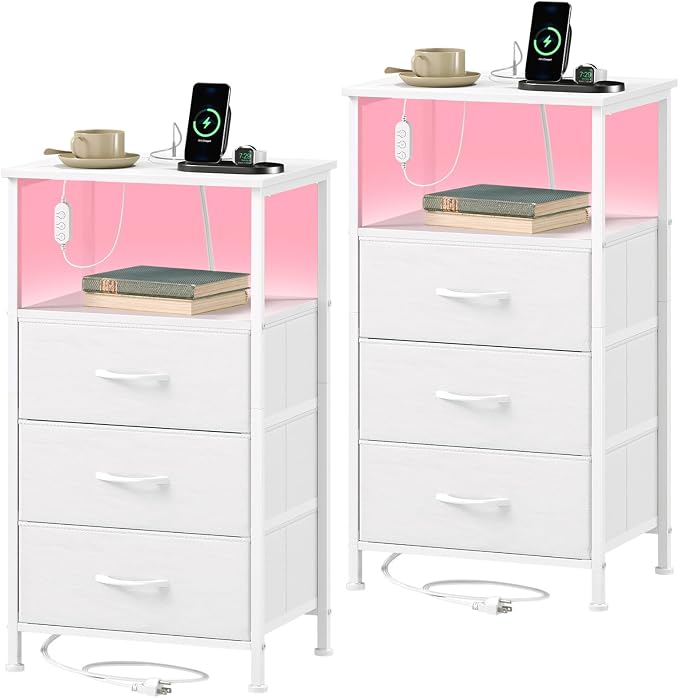Somdot Nightstands Set of 2,Bedside Tables with Charging Station and LED Lights,Night Stand with 3 Fabric Drawers, End Tables with Open Shelf for Small Spaces Bedroom Entryway Hallway, White Leather by Somdot