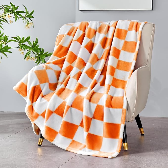 Edenleaf Orange Checkered Blanket, Soft Cozy Fleece Checkered Throw Blankets for Bed Sofa Couch Camping, Ultra Fluffy Throws for All Seasons, 60x80 Inch, Orange