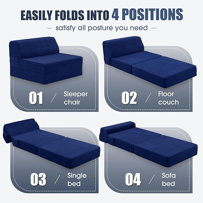 Folding Sofa Bed with Pillow, Memory Foam Fold Out Chair Bed, Convertible Sleeper Chair with Washable Cover, Futon Floor Couch for Living Room/Dorm/Guest Use/Home Office/Apartment, Navy Blue