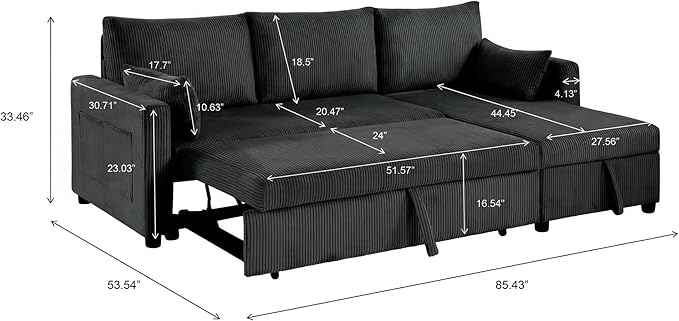 Casaphoria 85" Corduroy Sleeper Sofa with Pull Out Bed & Storage Chaise, L-Shaped Sectional Couch for Small Apartment, Living Room & Guest Room, 3-Seat Convertible Sofa Bed, Black