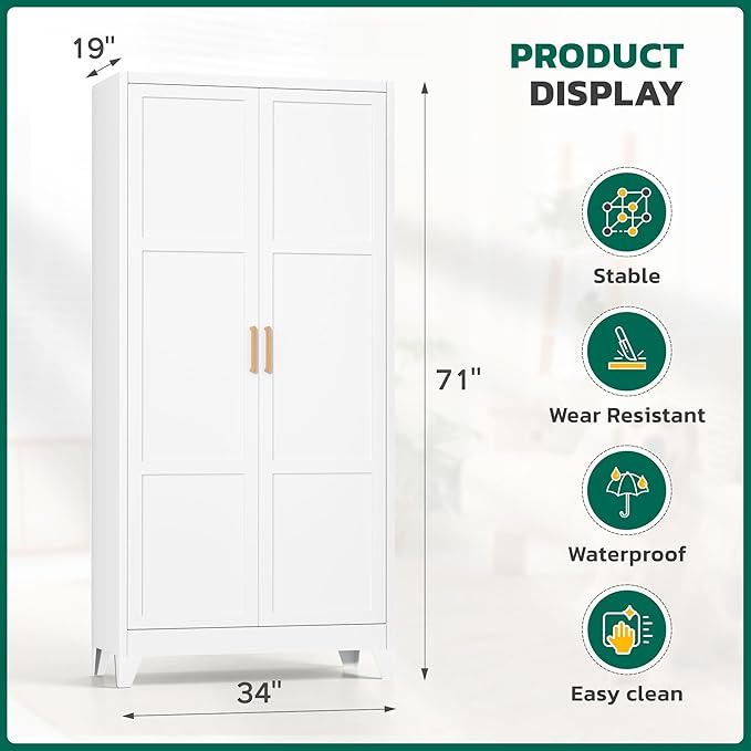 Greenvelly Metal Wardrobe Cabinet, 19" D x 34" W x 71" H Metal Wardrobe Closet with Hanging Rods and Adjustable Shelves,Clothing Storage Closet Cabinet for Bedroom, Cloak Room, Laundry Room (White)
