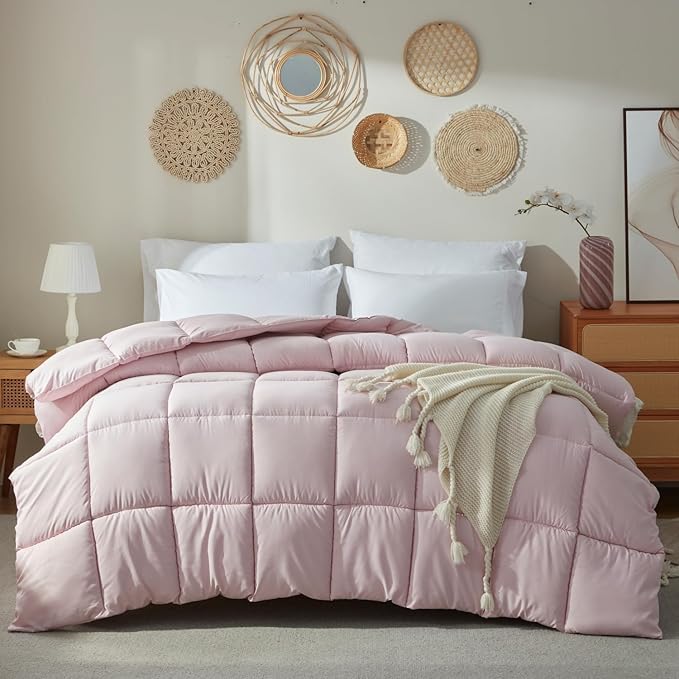 BedTreat Down Alternative Comforter Twin Duvet Insert with Corner Tabs, All Season Quilted Bed Comforter Box-Stitched Twin Comforter Light Pink，Machine Washable Microfiber Bedding