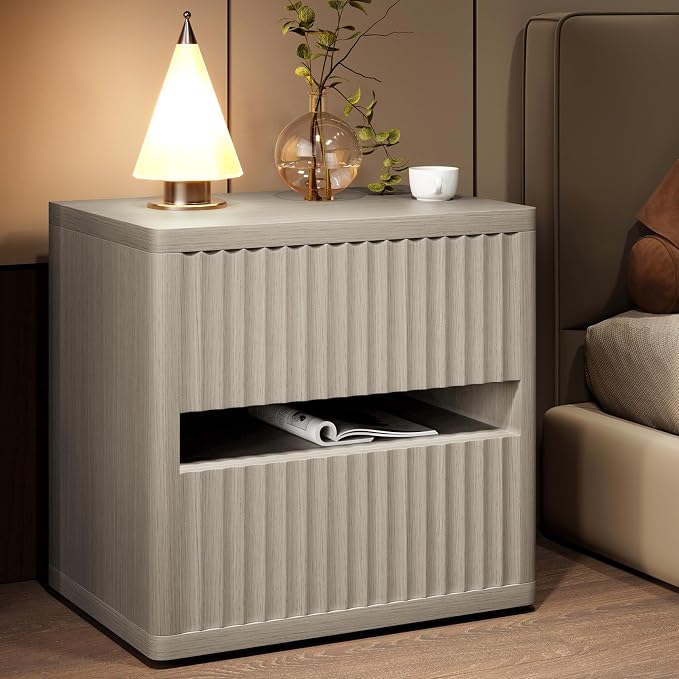 Dripex Fluted Nightstand with 2 Drawers, Large Wide Wood Night Stand Bedside Table for Bedroom, Mid-Century Modern Storage Bed Side Table, End Table for Living Room Sofa Couch, Gray Oak - Image 7