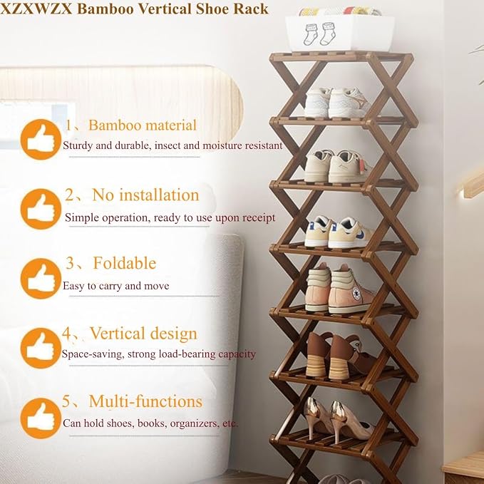 Foldable Shoe Rack, Bamboo Vertical Shoe Organizer Tall for Small Spaces. Multifunctional Narrow Shoe Shelf for Entryway, Closet, Corner, Bedroom, Hallway, Brown Color 4 Layers - Image 4