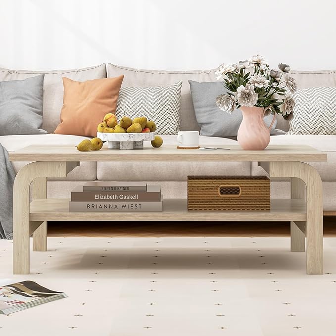 Giantex 2-Tier Coffee Table with Storage, 47” Mid Century Rectangle Accent Table with Open Shelf, Large Tabletop & Curved Legs, Rustic Style Wood Cocktail, Center Table for Living Room, Natural