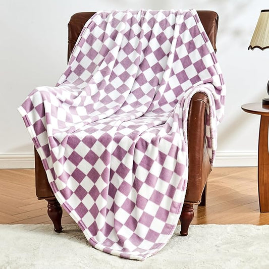 Edenleaf Checkered Blanket Flannel Throw Blankets Soft Cozy Checkered Grid Print Chessboard Gingham Pattern Throws for Bed Sofa Couch for All Seasons, 50x60 Inch, Purple