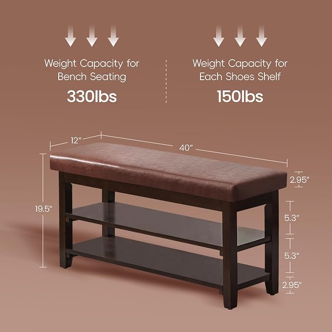 40" Shoe Bench with Leather Cushion, 2-Tier Shoe Rack Entryway Bench, Wood Bench for Front Door Entrance, Mudroom, Hallway, Wooden Shoe Shelves, Shoe Organizer, Shoe Storage, Brown - Image 2