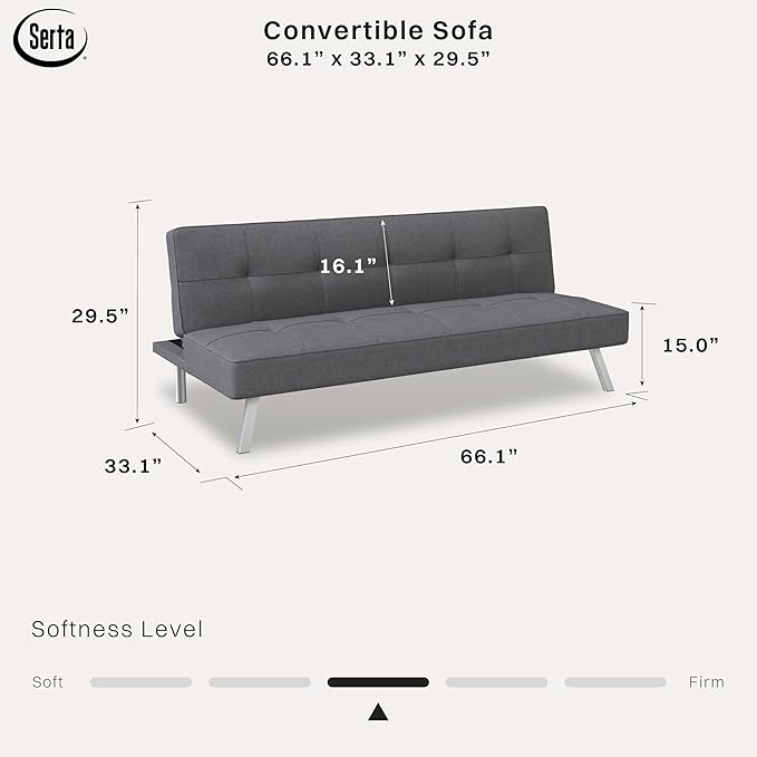 Serta® Rane Futon Sofa Bed 66.1", 3-in-1 Convertible Couch Sleeper for Small Spaces, Tufted Back, Twin Size Guest Bed, Chracoal Woven Fabric