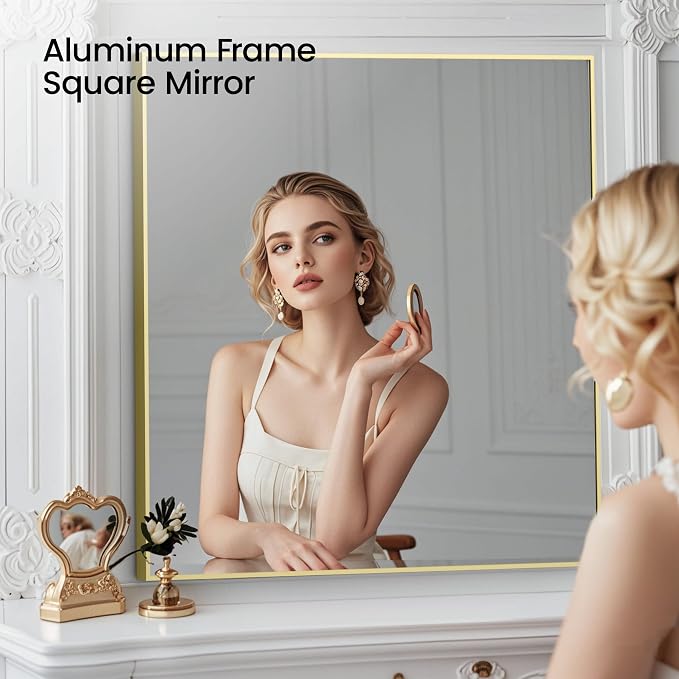 KIBI 36" x 36" Shatterproof Wall Mount Metal Frame Mirror – Horizontal or Vertical Hanging, Modern Rectangular Vanity Mirror for Bathroom, Entryway, or Living Room (Brushed Gold, FM1-3636BG) - Image 5
