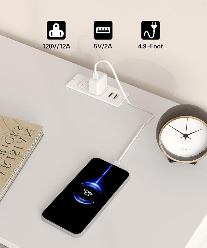 Akxomel White Nightstand Set of 2, Fluted Night Stand with Charging Station, 13.8" D x 15" W x 23.2" H, 2 Drawers Modern Bedside Table with USB Ports and Outlets, Golden Side Table for Bedroom - Image 7