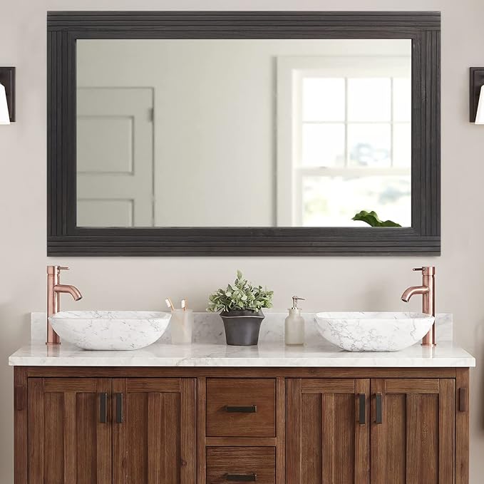 YOSHOOT Hand-Made Wooden Spliced Wall Mirror for Bathroom, Rustic Farmhouse Vanity Mirror, Décor Wall Art, Solid Wood Frame, Vertical or Horizontal Hanging by YOSHOOT