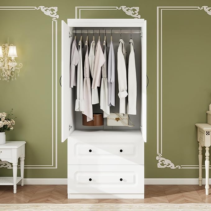 Armoire Wardrobe Closet: Wood White Bedroom Armoire Storage Cabinet for Large Capacity with 2 Doors, Tall Armoire and Wardrobe Closet with 2 Drawers & Hanging Rail