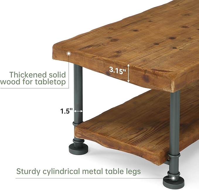 47" Coffee Table, Farmhouse Solid Wood Accent Center Table with 2-Tier Live Edge Shelf & Metal Legs, Rectangular Low Cocktail Tea Furniture for Living Room, Lounge, Brown and Black