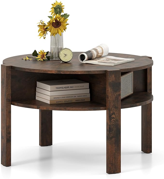 Tangkula Round Coffee Table, 29.5” 2-Tier Circle Cocktail Center Table with Storage Shelves, for Small Spaces, Living Room (Rustic Brown)