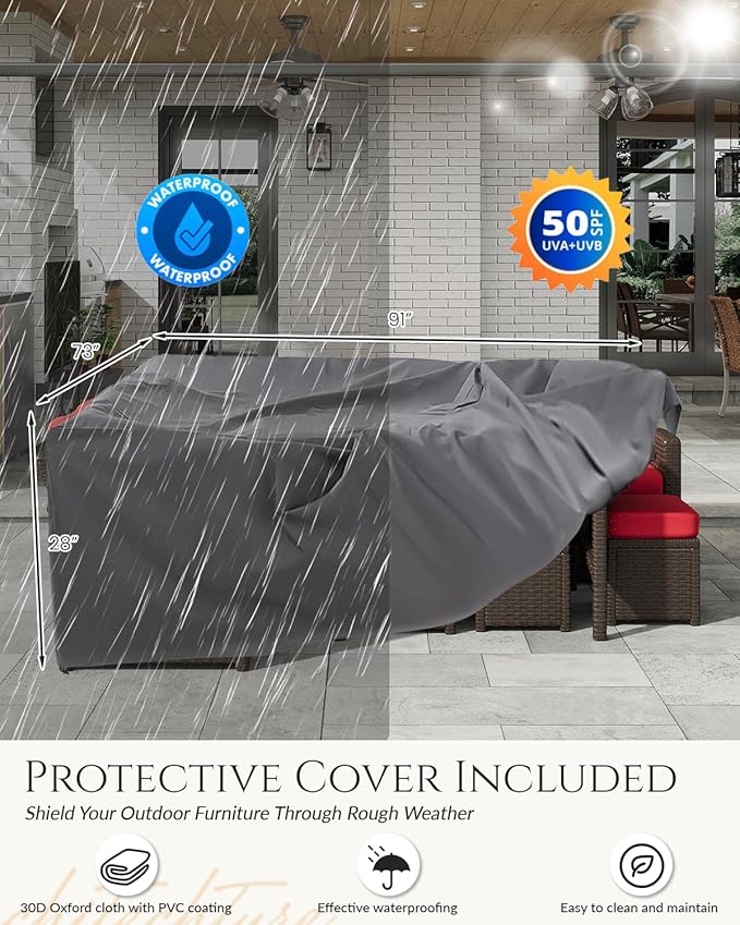U-MAX 7 Pieces Patio Furniture Set with Waterproof Cover, Outdoor Sectional Sofa Conversation Set, All Weather Wicker Rattan Dining Table & Chair with Ottoman, Brown Rattan&Red Cushion