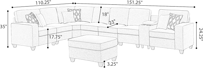 ERYE 151-Inch U-Shaped Sectional Sofa Linen Upholstered Corner Convertible Sectional,9 PCS Modular Couch with Ottoman,Storage Console, Cupholders and Charging Station