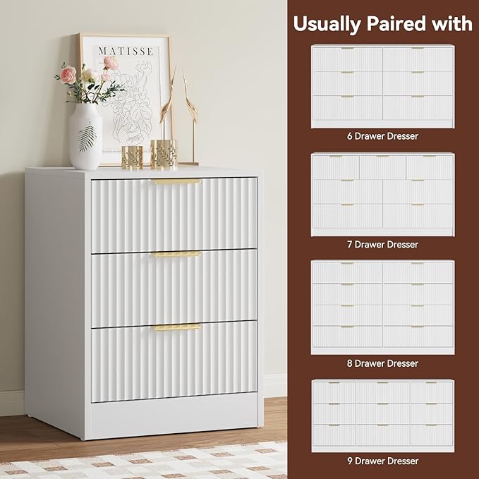 9 Drawer Fluted Dresser & Nightstand Set 3-Piece, 63” Long Dresser and Night Stand Set of 2, Fluted Modern Wood Chest of Drawers Storage Dressers Set for Bedroom, White