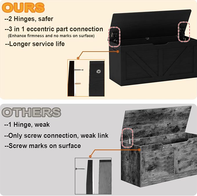Timberer 39.4" Storage Chest, Wooden Storage Bench, Large Storage Trunk with 2 Safety Hinges, Entryway Shoes Bench for Living Room, Bedroom, Black - Image 4
