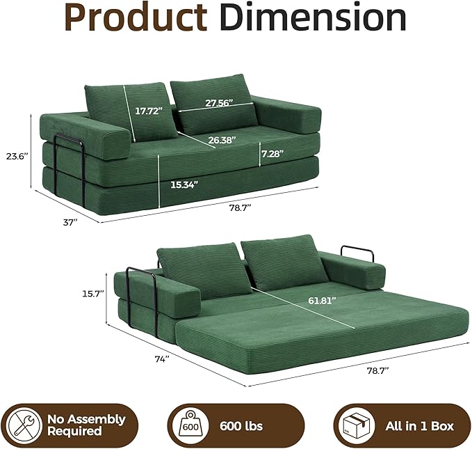 Convertible Sofa Bed, 4-in-1 DIY Combination Modular Couch with Pillows, Comfy Boneless Sleeper Sofa Bed with Fixed-Shape Frame, Corduroy Convertible Lounge Couch for Living Room, Green