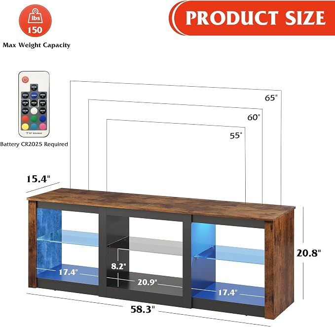 WLIVE RGB LED TV Stand for 65-Inch TV, 58-Inch Entertainment Center with Adjustable Glass Shelves, Modern Media Console for Living Room & Bedroom, Rustic Brown - Image 3