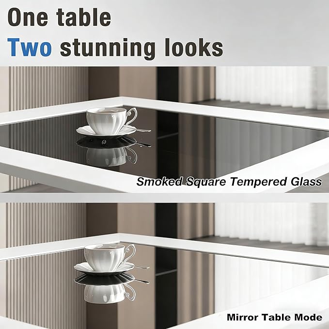 FKWin Modern Coffee Table for Living Room - 31” Endless Depth Mirror Center Table with Led Lights, Unique Square Coffee Table with Tempered Glass-Top, White