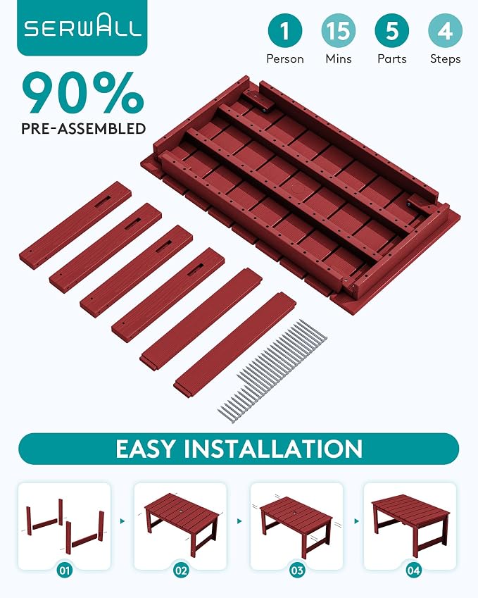 SERWALL Outdoor Coffee Table with 9FT Umbrella, HDPE Patio Coffee Table for Outside, Rectangle, Red(Not Include Umbrella Base) - Image 5