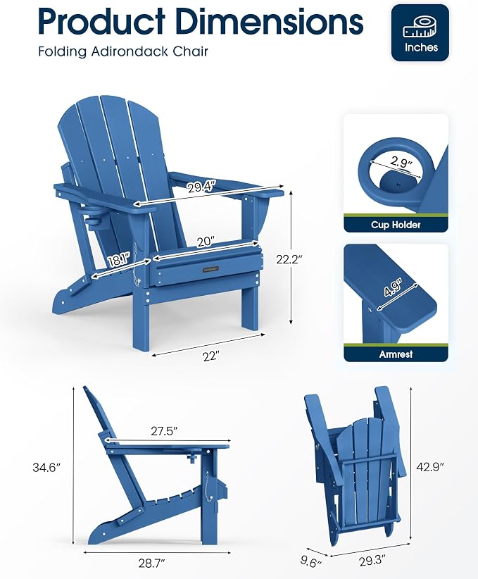 MUCHENGHY Folding Adirondack Chairs Set of 2 HDPE Weather Resistant, Patio Firepit Chairs, Sturdy Outside Chair, Lawn Chairs, 15min Assembly 380lb, Royal Blue - Image 3