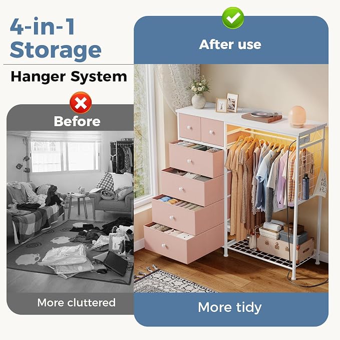DUMOS Dresser for Bedroom with Hanging Rack, 6 Drawer Fabric Dresser with Charging Station and LED Lights, Closet Organizer & Storage Tower for Living Room, Entryway, Apartment, Pink - Image 4