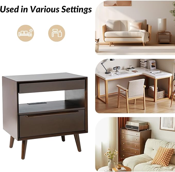 HULALA HOME End Table with Charging Station, Mid-Century Modern End Table with Pull-Out Shelf, Hidden Storage Side Tables, Wood Legs Set of 2, Walnut - Image 6