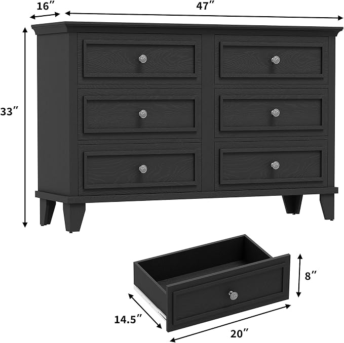 GAOMON Dresser for Bedroom, 6 Drawer Wide Dresser Storage Organizer, Modern Wooden Chest of Drawers with Metal Handles for Hallway, Entryway, Home Office, Black - Image 2