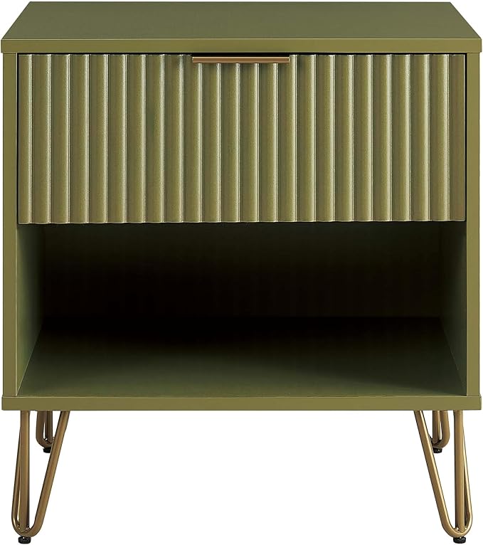 Manhattan Comfort Dumbo Fluted Nightstand with Drawer and Open Shelf, Gold Hairpin Legs and Metal Handle, Snap Tool-Free Assembly, Modern Bedside Accent Table for Bedroom or Living Room in Olive Green by ManhattanComfort