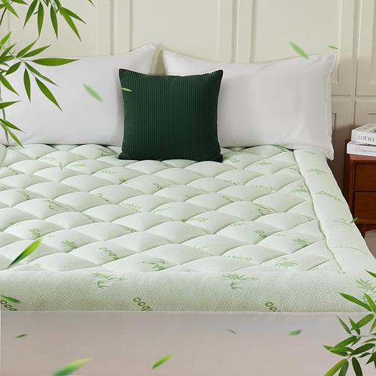 Full Mattress Topper, Viscose Derived from Bamboo Thick Pillow Top Mattress Pad with Deep Pocket, Naturally Cooling for Hot Sleepers, Soft for Back Pain Relief, Premium Green
