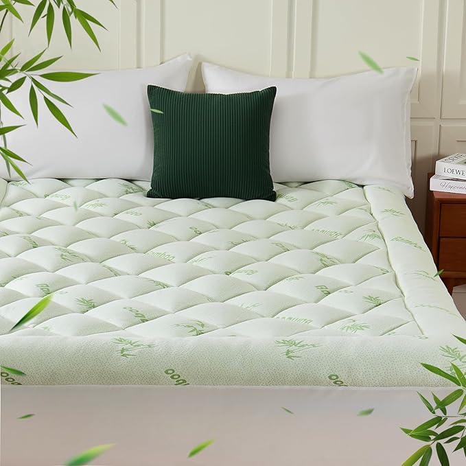 California King Mattress Topper, Viscose Derived from Bamboo Thick Pillow Top Mattress Pad with Deep Pocket, Naturally Cooling for Hot Sleepers, Soft for Back Pain Relief, Premium Green