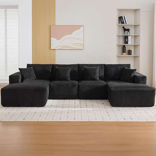 Cloud Boneless Couch 137" Modern Sectional U-Shaped Comfy No Assembly Required Convertible Compression Sleeper Modular Sofa with Corduroy Fabric Deep Seat Single + Chaise for Living Room