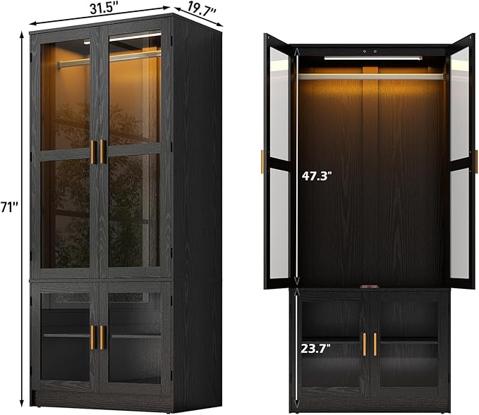 chartustriable 2 Doors Armoire Wardrobe Closet with LED,71" H Freestanding Wooden Wardrobe Closet Cabinet for Bedroom,Wooden Clothing Storage Cabinet with Hanging Rod,Closets for Bedroom(Black)
