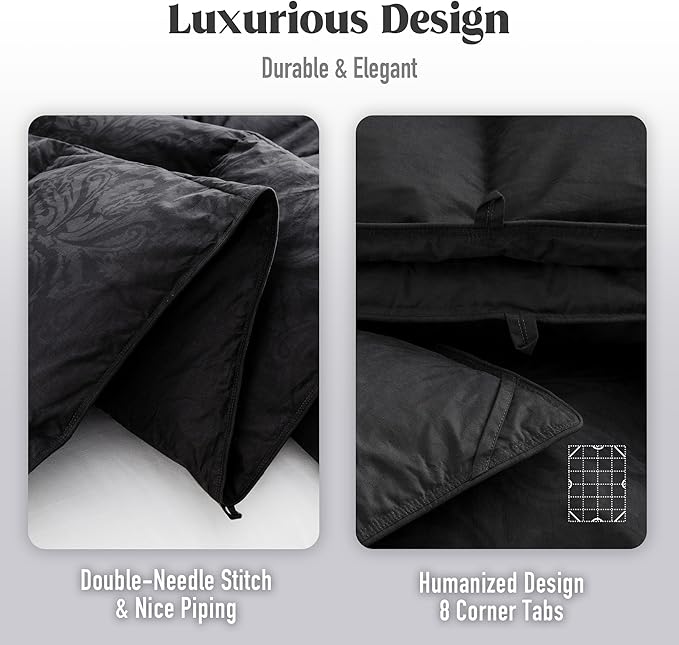DAICO Goose Feather Down Comforter King Size, All Season Luxury Hotel Fluffy Duvet Insert, Ultra Soft 100% Cotton Shell with 8 Corner Tabs, Paisley Design (106x90'', Black)