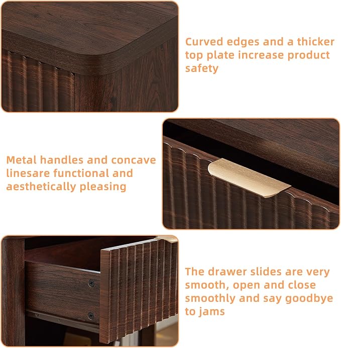 LEYAOYAO Fluted Nightstand with Charging Station, 23" Wide 1 Drawers Night Stand,Walnut End Table with Open Storage,Farmhouse Bed Side Tables, Wood Dresser for Bedroom, Living Room, Closet - Image 6