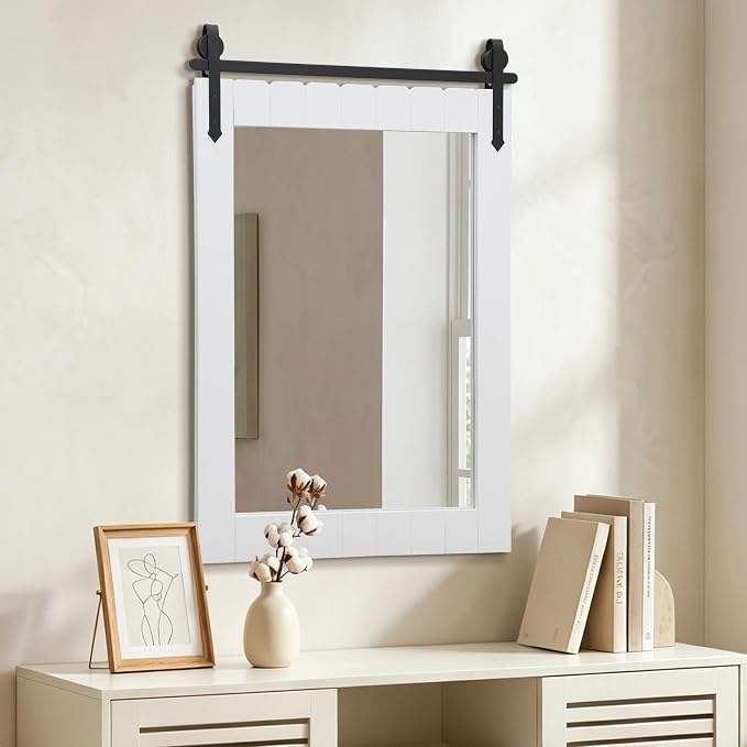 Besdomus Rustic Bathroom Farmhouse Mirror: 24"x36" White Western Barn Door Solid Cedar Wood Frame Vanity Mirror - Wall Mounted for Bathroom/Hallway/Living Room - Rustic Decor for Fashion-Conscious - Image 3