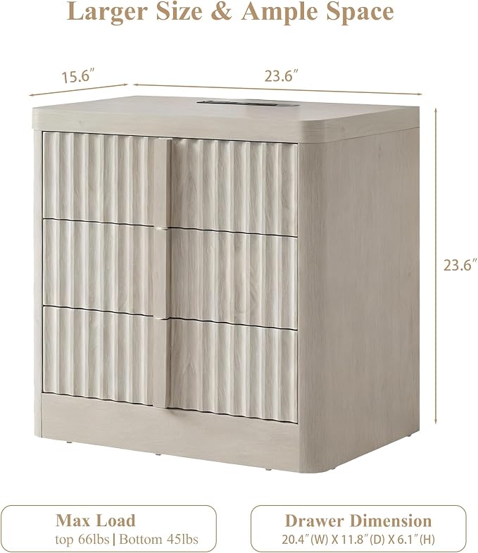 YANSNWO 23.6" Nightstand Set of 2 with Charging Station, Bedside Table with 3 Large Storage Drawers, Mid Century Modern Night Stand with Solid Wood Handle, End Table for Bedroom, Living Room - Image 3